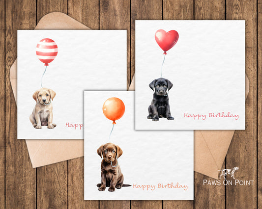 Black Labrador Birthday Card - Puppy & Balloon