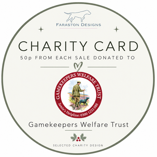 A circular charity card design with the text 'CHARITY CARD', '50p FROM EACH SALE DONATED TO', and 'Gamekeepers Welfare Trust'. The card features a dog silhouette logo at the top, a central red circular emblem for Gamekeepers Welfare Trust, and the text 'SELECTED CHARITY DESIGN' at the bottom.
