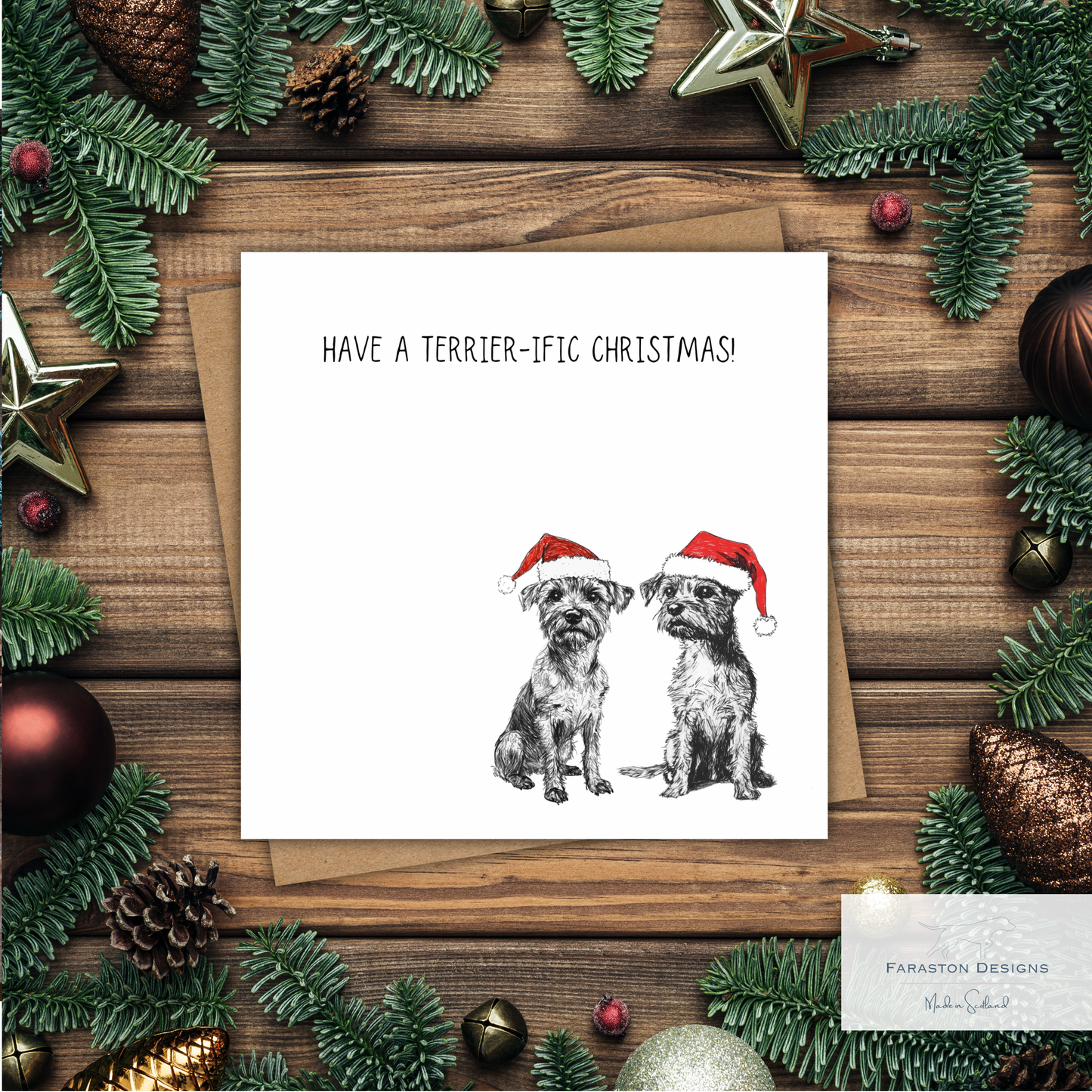 Border Terriers Christmas Card – “Have a Terrier-ific Christmas” – Dog Lover Festive Card