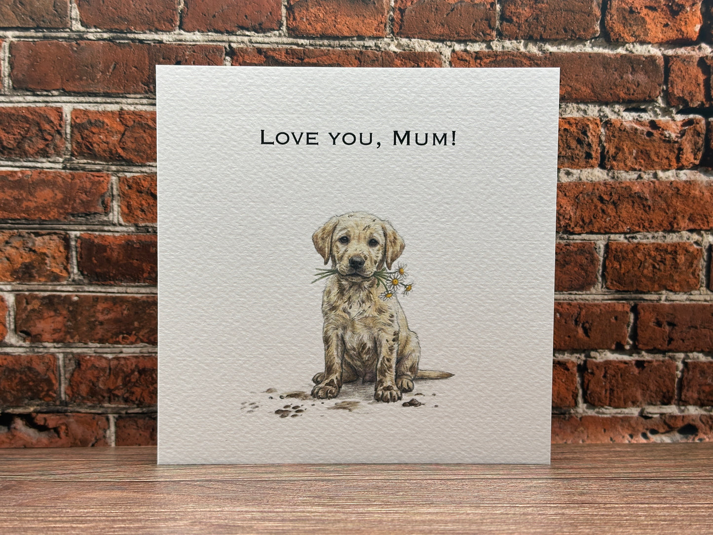 "Love You, Mum" Yellow Labrador Card | Puppy Holding Daisies