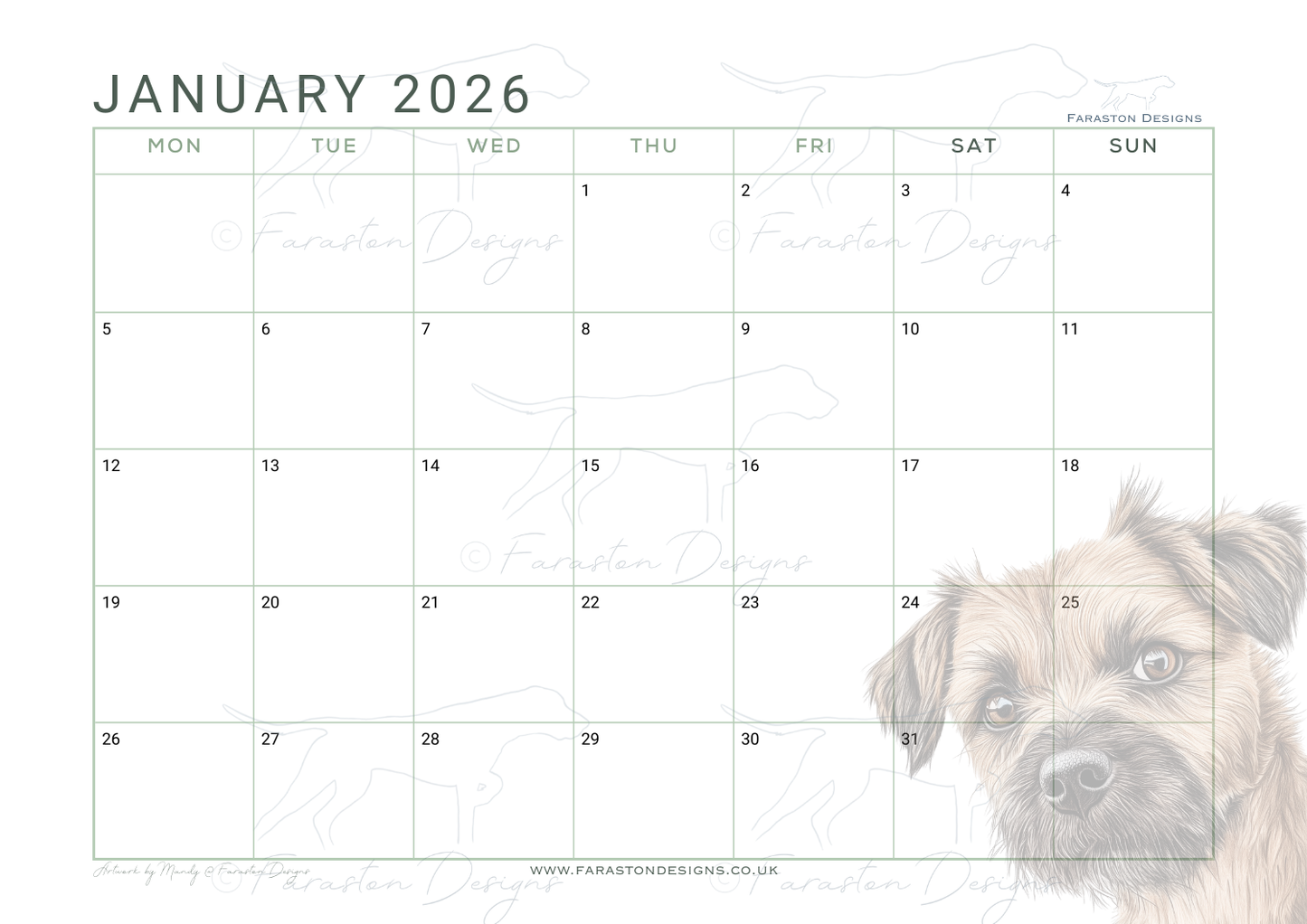 Border Terrier Printable 2026 Monthly Calendar Download