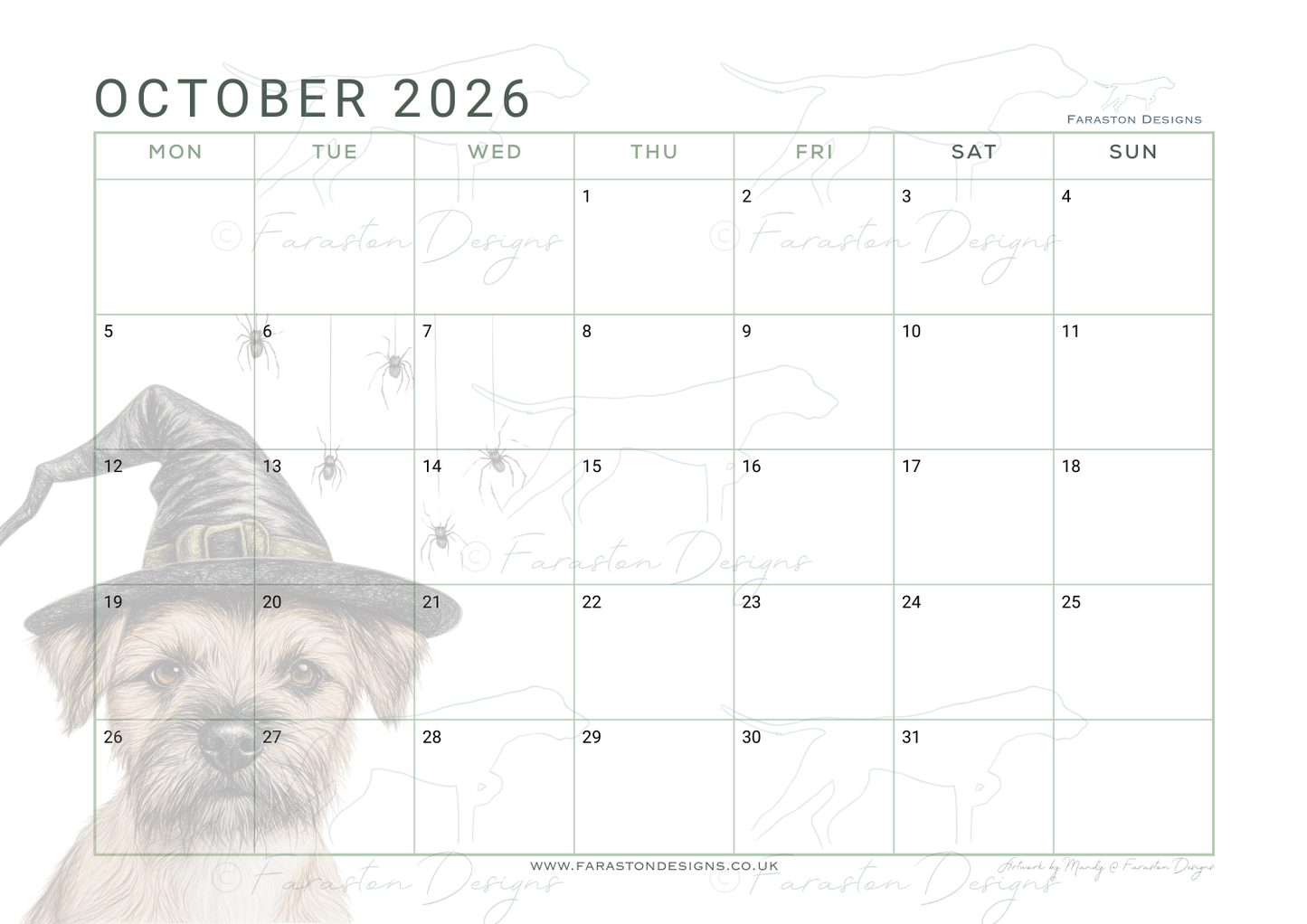 Border Terrier Printable 2026 Monthly Calendar Download