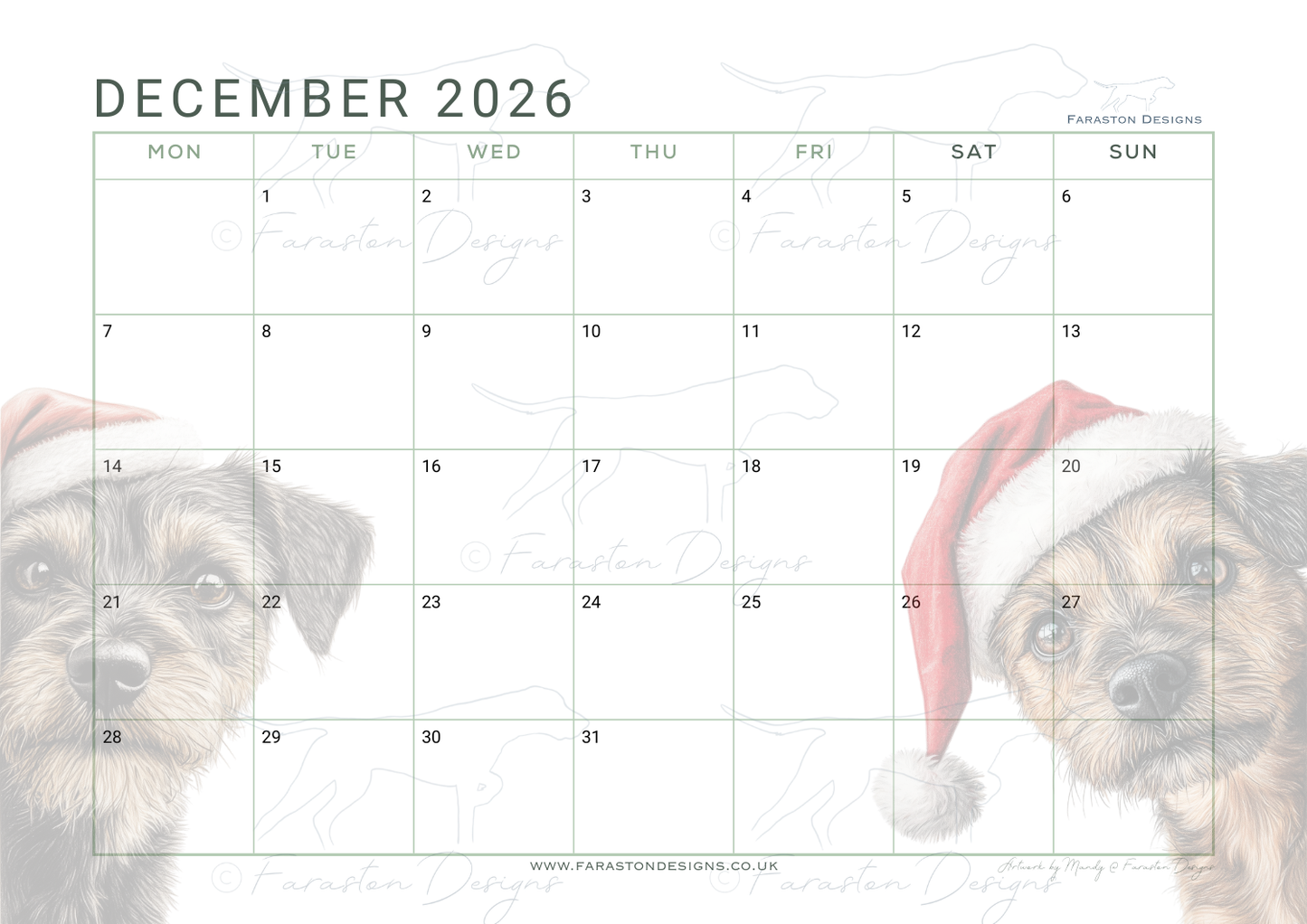 Border Terrier Printable 2026 Monthly Calendar Download