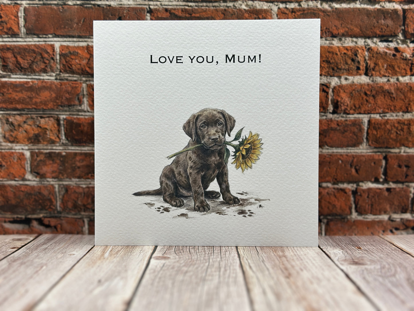 "Love You, Mum" Chocolate Labrador Card | Puppy Holding Sunflower