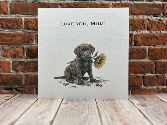 "Love You, Mum" Chocolate Labrador Card | Puppy Holding Sunflower