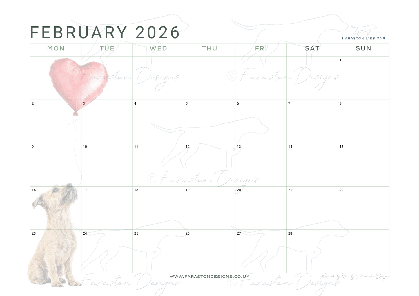 Border Terrier Printable 2026 Monthly Calendar Download