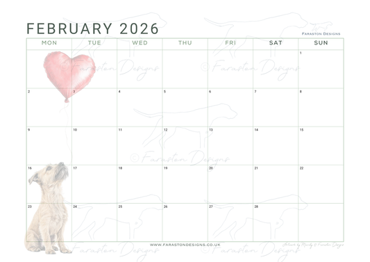 Border Terrier Printable 2026 Monthly Calendar Download