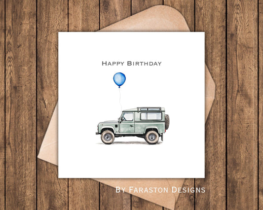 Land Rover Birthday Card - blue Balloon