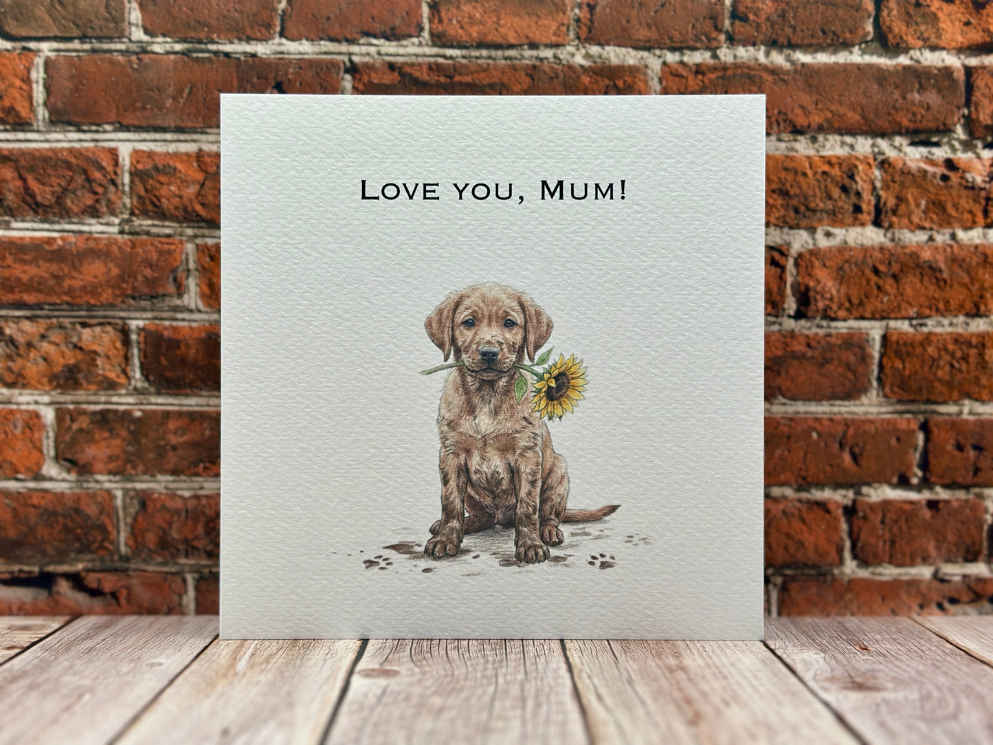 "Love You, Mum" Fox Red Labrador Card | Puppy Holding Sunflower