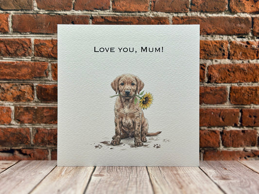 "Love You, Mum" Fox Red Labrador Card | Puppy Holding Sunflower