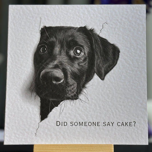 Did someone say Cake? Black Labrador Birthday Card