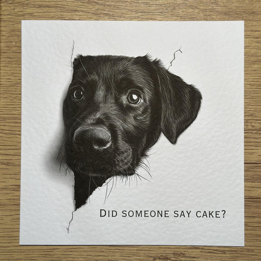 Did someone say Cake? Black Labrador Birthday Card