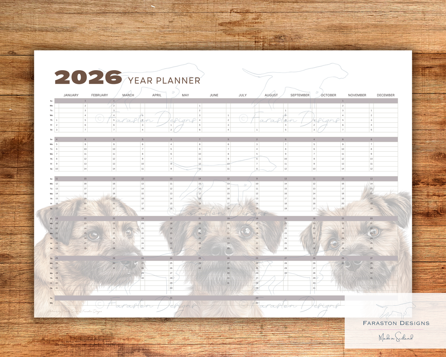2026 Border Terrier Wall Planner A2 Size