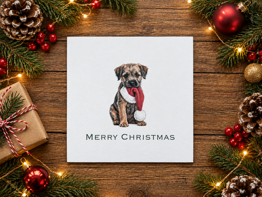 A square white Christmas greeting card featuring a watercolor illustration of a small brown dog wearing a red Santa hat, with 'MERRY CHRISTMAS' printed below. The card is displayed on a rustic wooden table surrounded by holiday decorations including pine branches, red ornaments, pinecones, and a wrapped gift box.