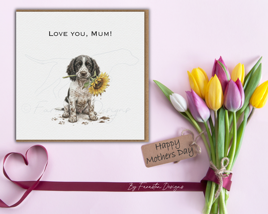 "Love You, Mum" Black and White Spaniel Card | Sunflower & Muddy Paws