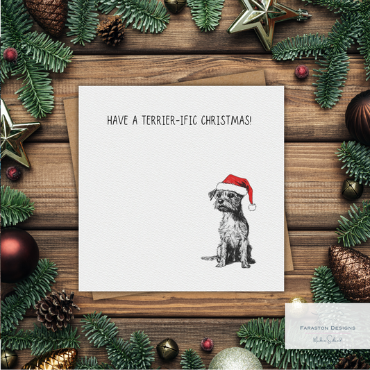 Border Terrier Christmas Card – “Have a Terrier-ific Christmas”