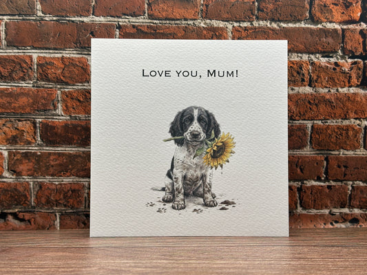 "Love You, Mum" Black and White Spaniel Card | Sunflower & Muddy Paws