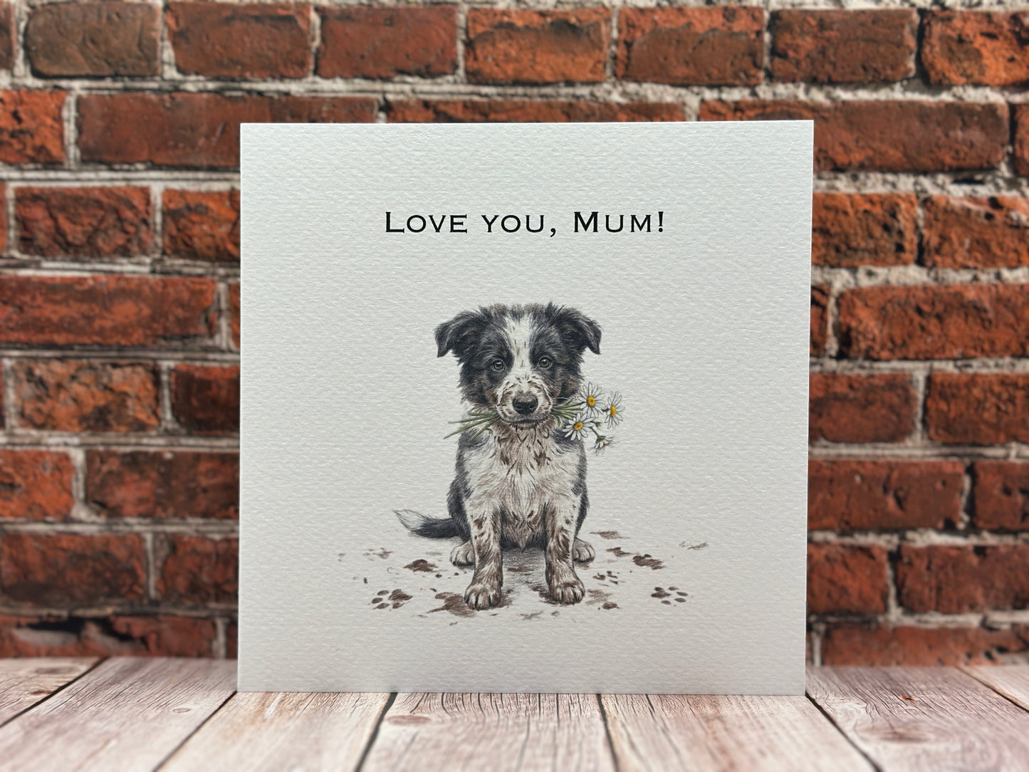 "Love You Mum" Border Collie Mother's Day - Birthday Card | Puppy Holding Daisies