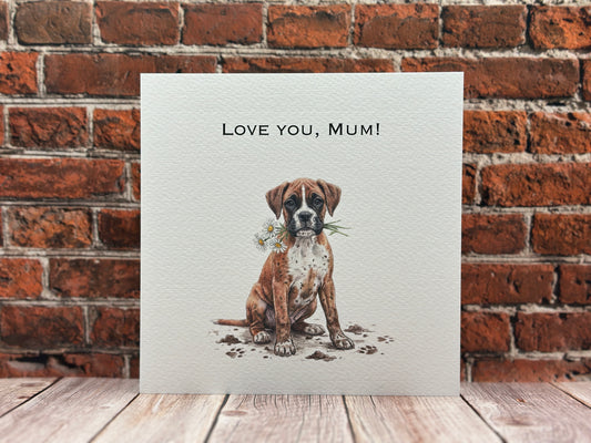 "Love You, Mum" Boxer Card | Puppy Holding a Sunflower