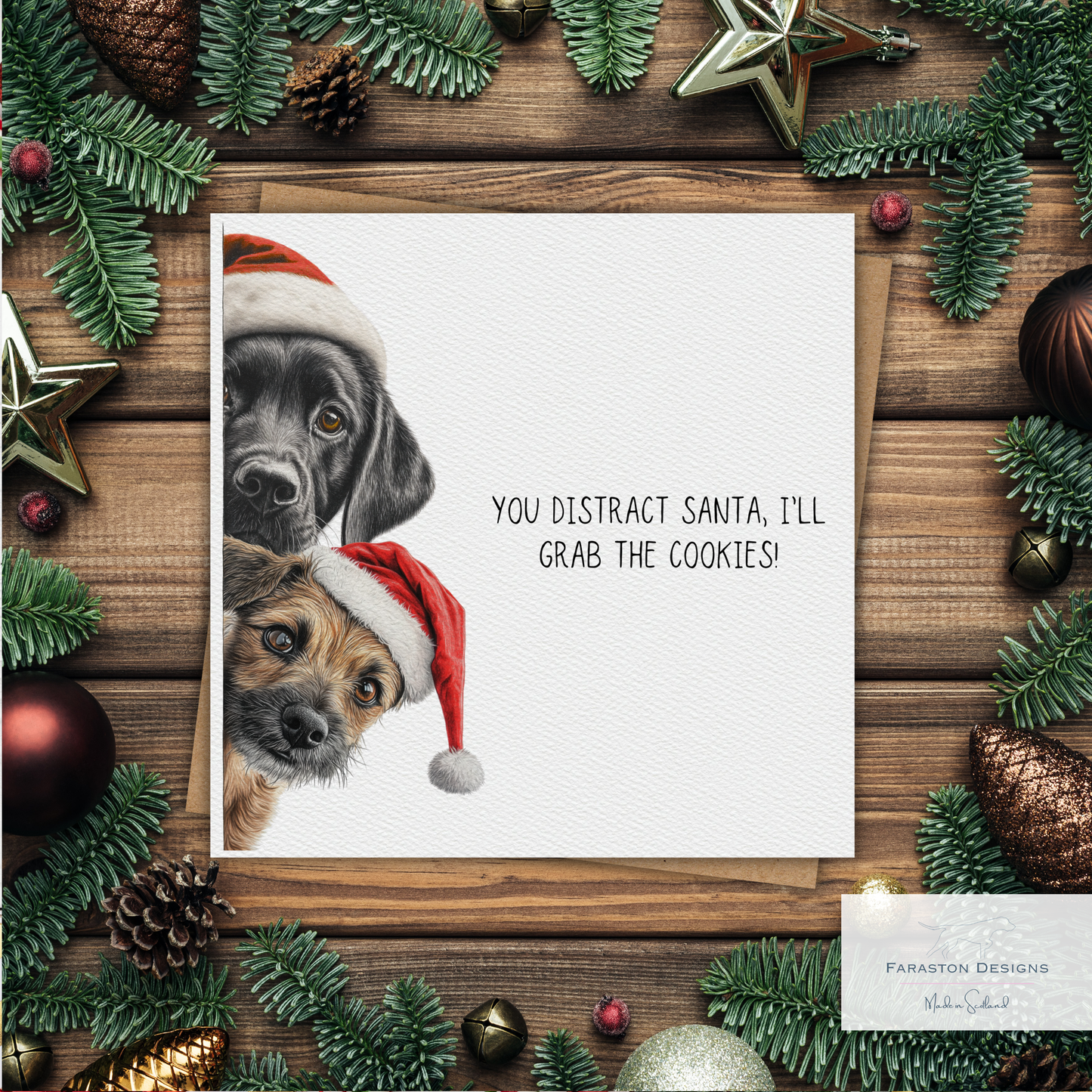 Black Labrador and Border Terrier Christmas Card – You Distract Santa, I’ll Grab the Cookies!