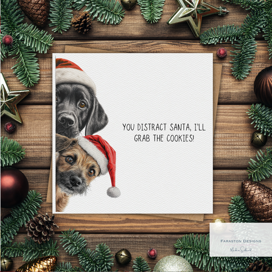 Black Labrador and Border Terrier Christmas Card – You Distract Santa, I’ll Grab the Cookies!