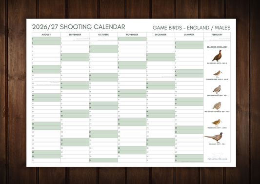 2026/27 Shooting Season Calendar | A3 England / Wales Game Birds Wall Planner