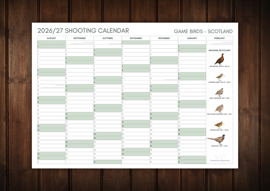 2026/27 Shooting Season Calendar | A3 Scottish Game Birds Wall Planner