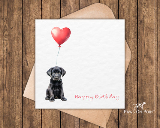Black Labrador Birthday Card - Puppy & Balloon