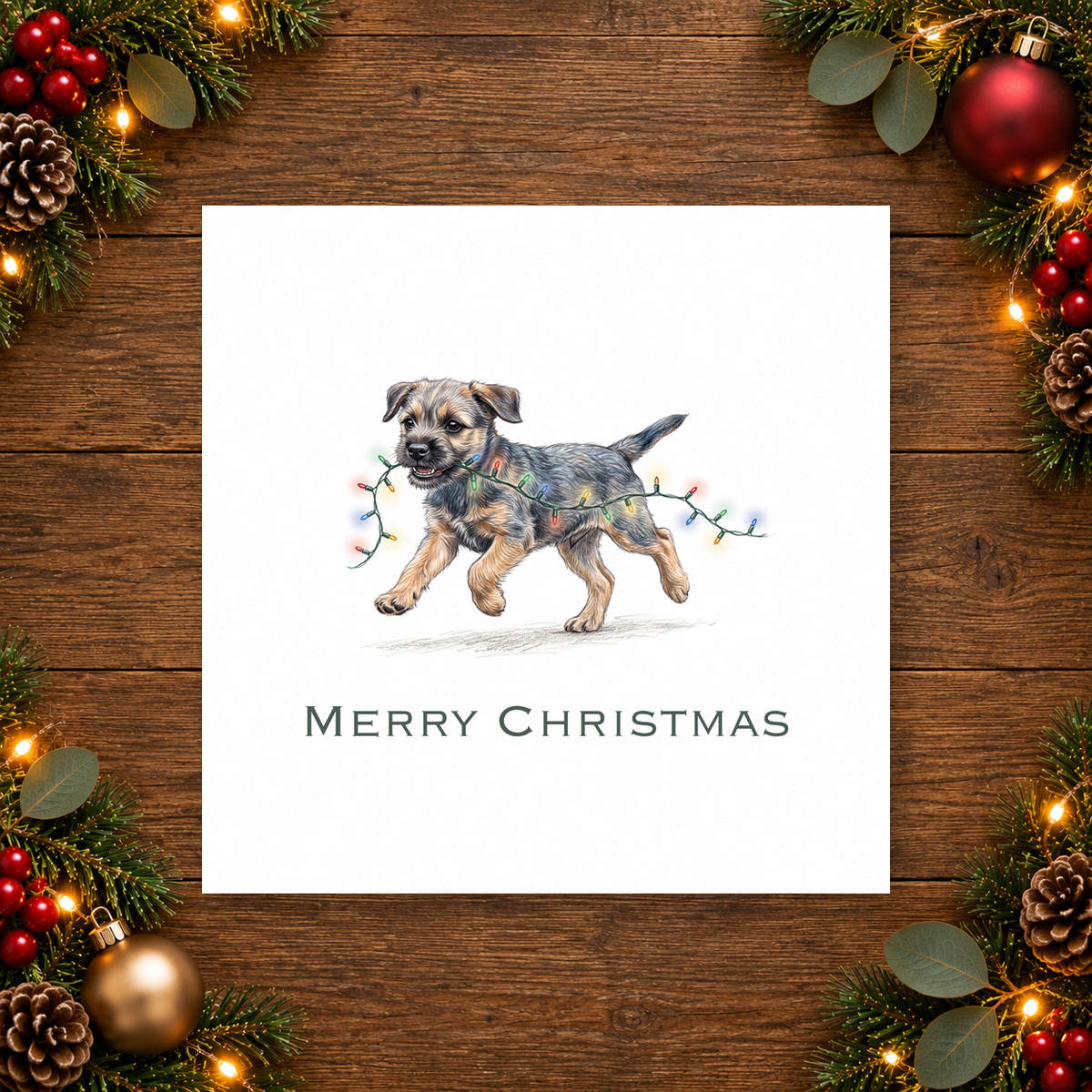 A square white Christmas greeting card featuring a watercolor illustration of a terrier dog carrying a string of lights in its mouth, with 'MERRY CHRISTMAS' printed below. The card is displayed on a rustic dark wood background, framed by festive greenery, pinecones, ornaments, and warm fairy lights.