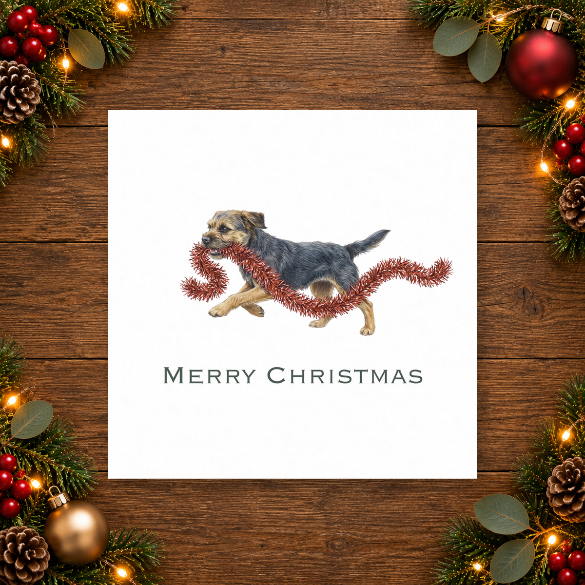 Border Terrier (B/T)  Merry Christmas - Red Tinsel