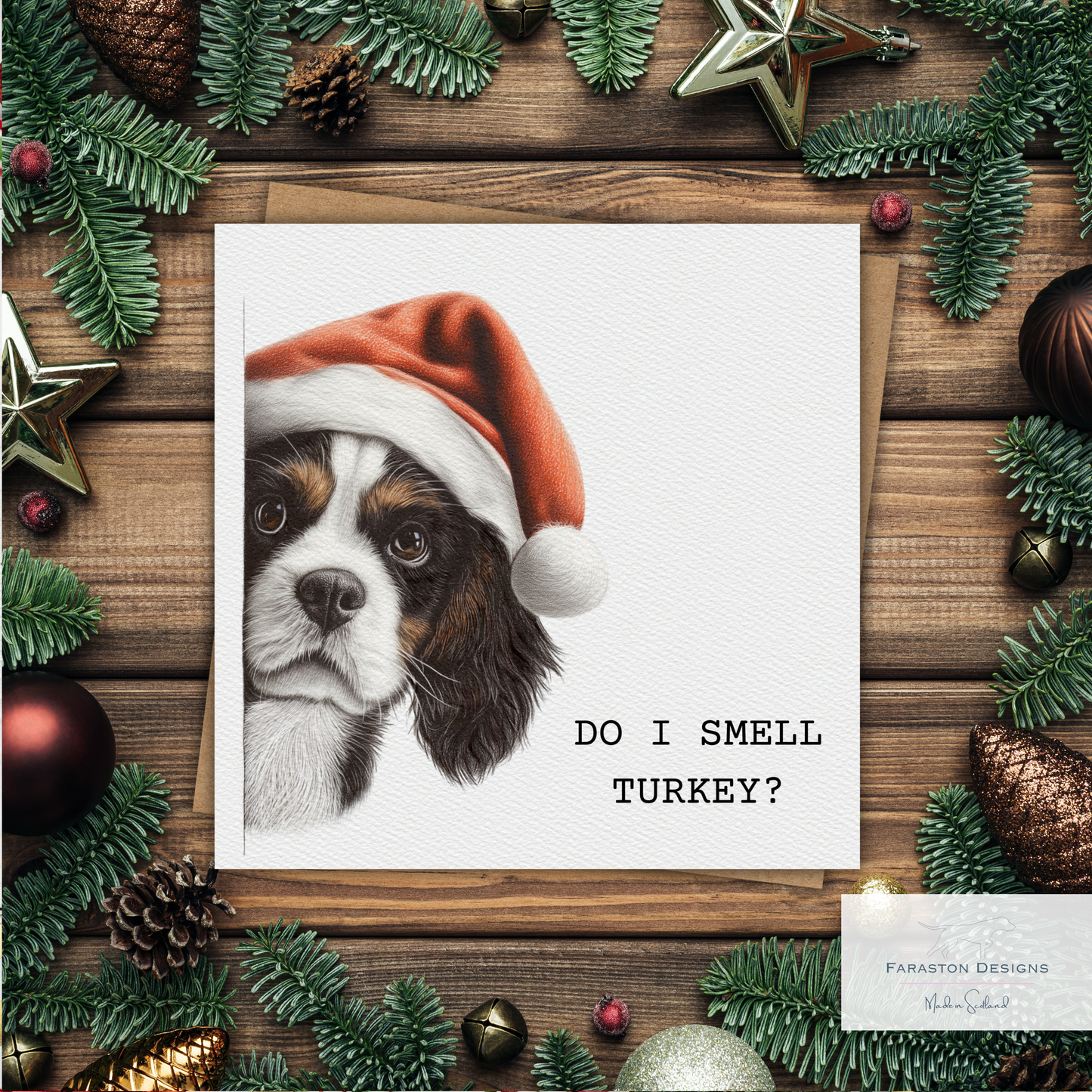 Cavalier King Charles Spaniel Christmas Card – Do I Smell Turkey?